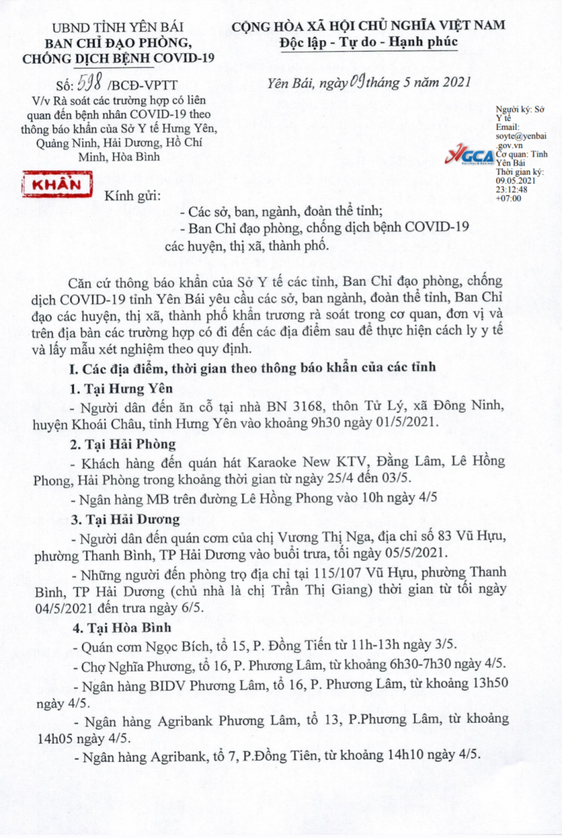 Khẩn: Yên Bái yêu cầu rà soát các trường hợp có liên quan đến bệnh nhân Covid-19 theo thông báo khẩn của Sở Y tế Hưng Yên, Quảng Ninh, Hải Dương, Hồ Chí Minh, Hòa Bình